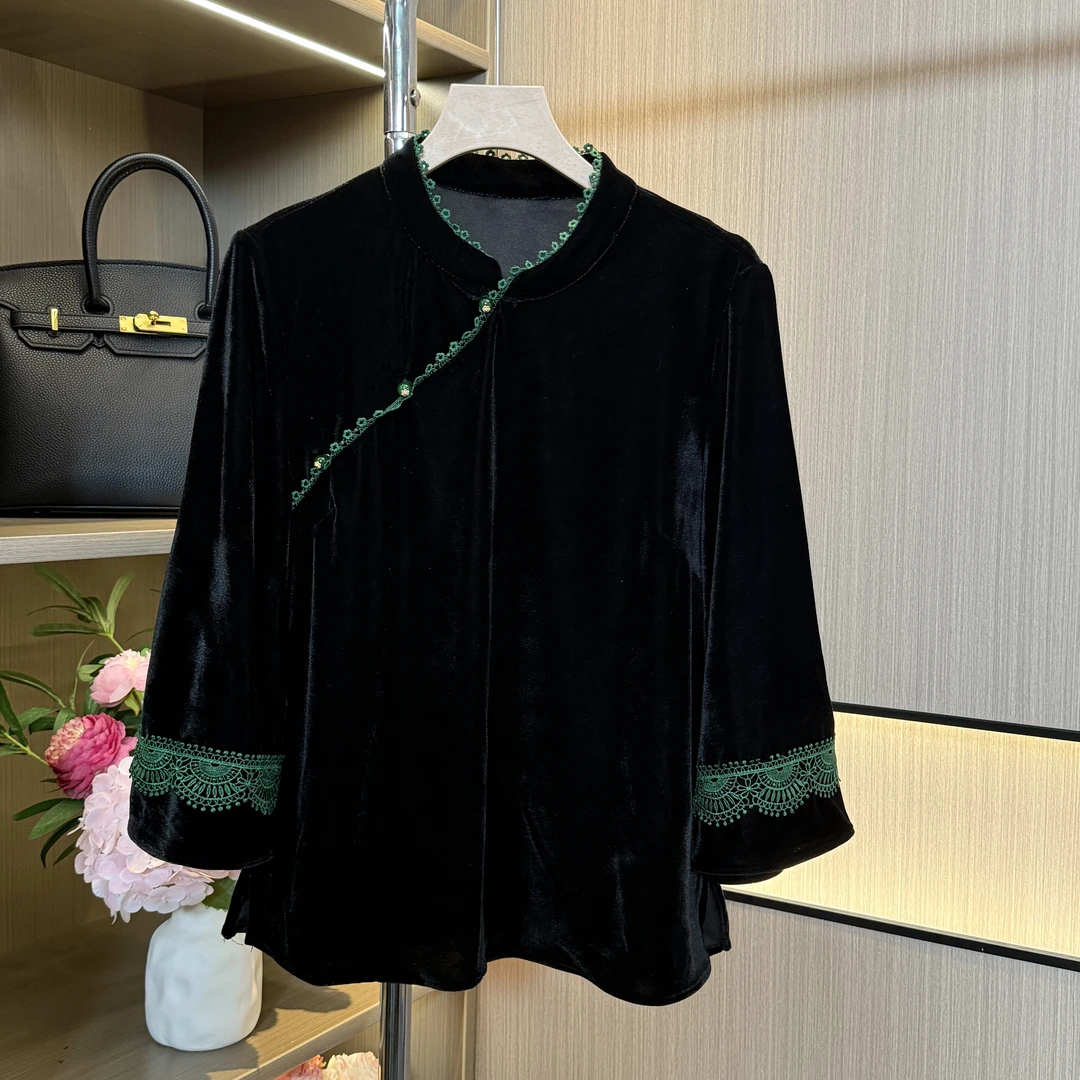 【墨莲书院】2025新中式时尚百搭显瘦国风金丝绒打底衫上衣