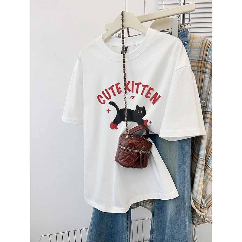 白色纯棉可爱印花短袖t恤女2025新款夏季螺纹领口纯棉半袖宽松