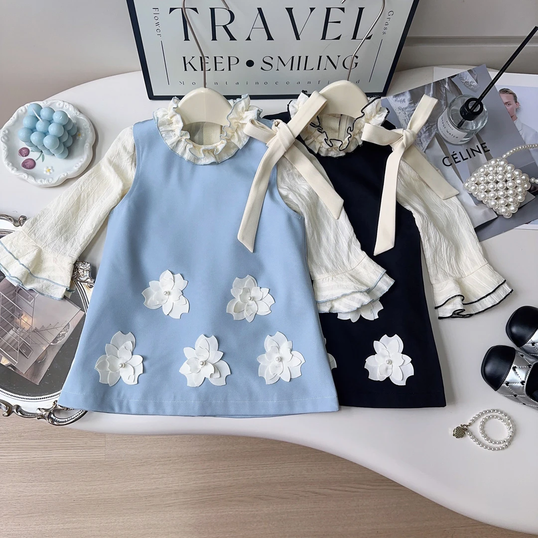 女童春秋季新款小花无袖连衣裙打底衫两件套可拆卸蝴蝶结CM0728
