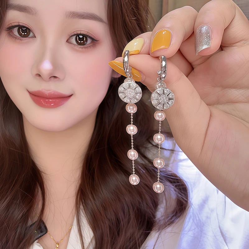 铜合金锆石耳饰 复古风锆石珍珠流苏耳环女气质轻奢高级感耳环