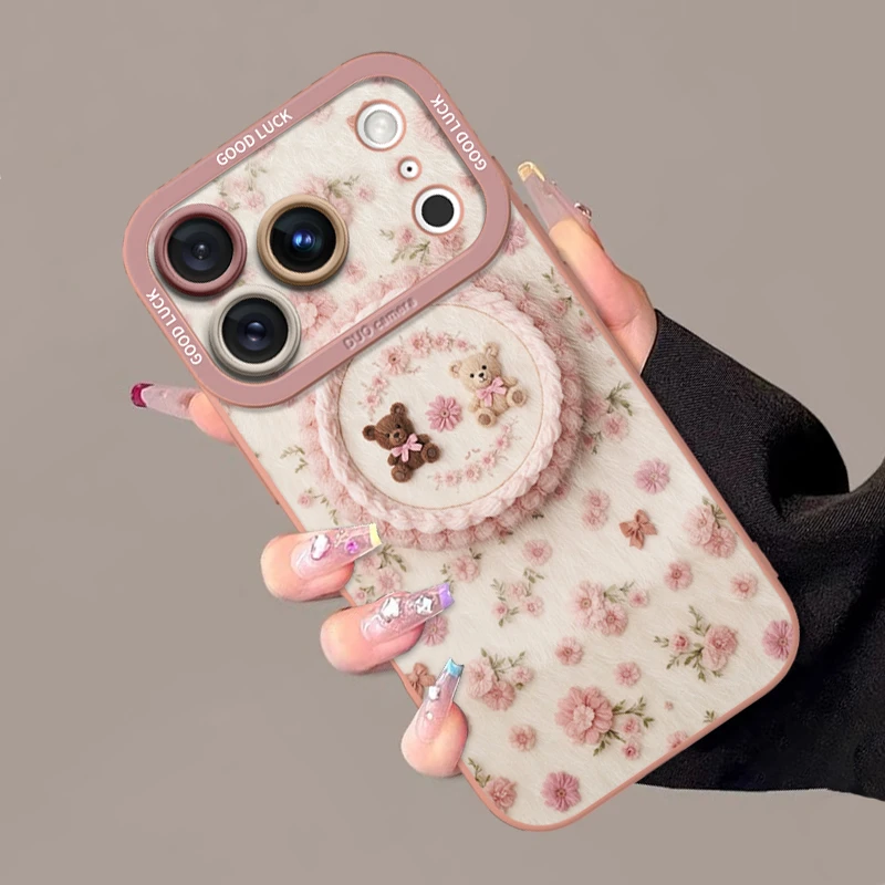 碎花毛绒小熊适用苹果17promax手机壳iphone16pro女可爱ins风15pm