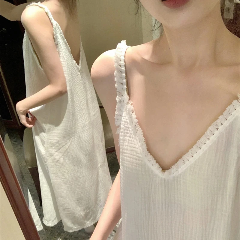 韩国ins性感露背吊带睡裙女夏季v领流苏中长款睡衣家居服可外穿薄