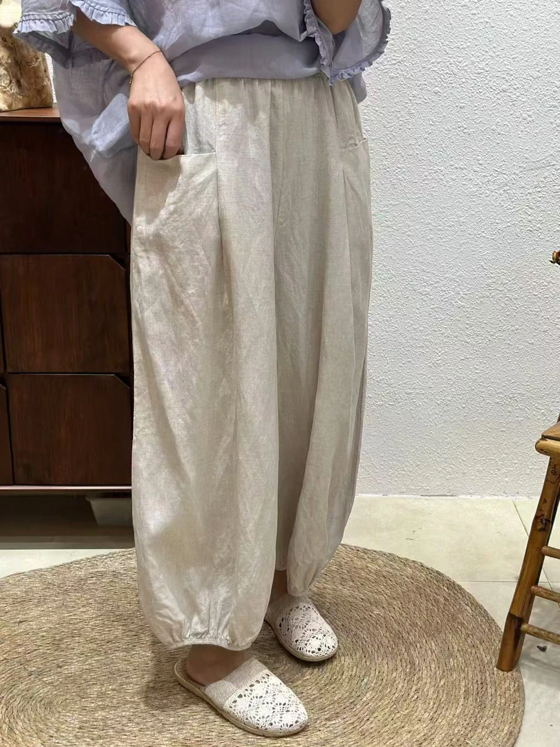 天丝亚麻轻薄夏季灯笼裤休闲裤显瘦九分裤极简风口袋通勤风8804