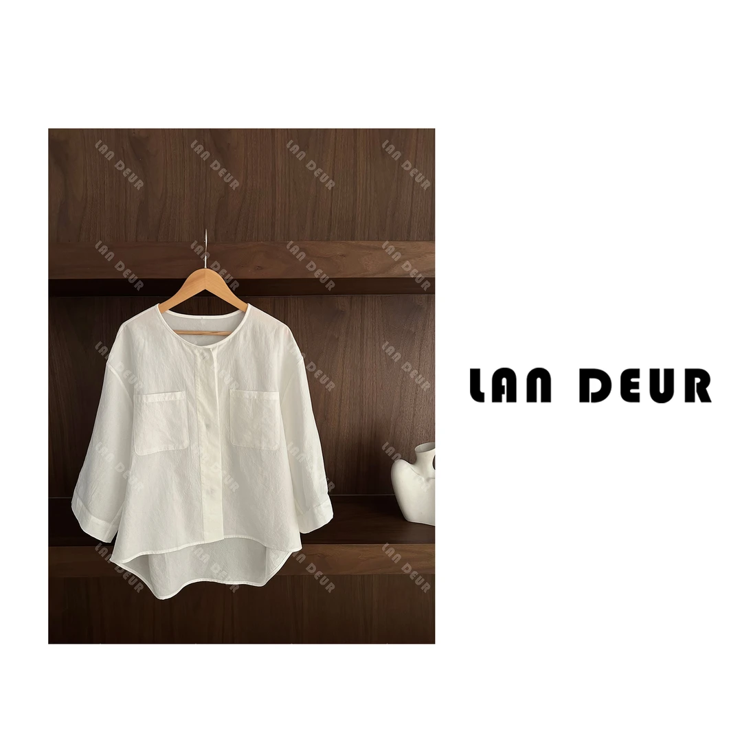 JIUJIU【晚风点点】衬衣休闲复古宽松文艺纯色简约气质百搭圆领衬衫