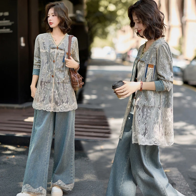 韩系蕾丝拼接牛仔套装女2025春季新款欧若风气质减龄阔腿裤两件套