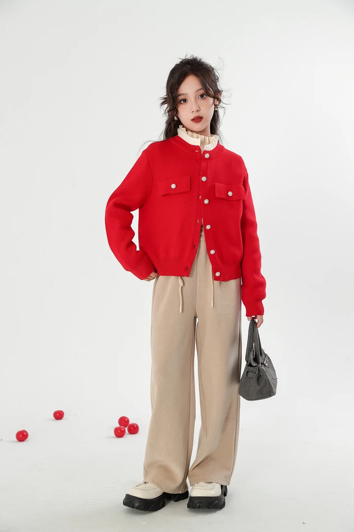 年服女大童秋冬气质假两件针织开衫外套贺岁服红色毛衣-HTZ83515