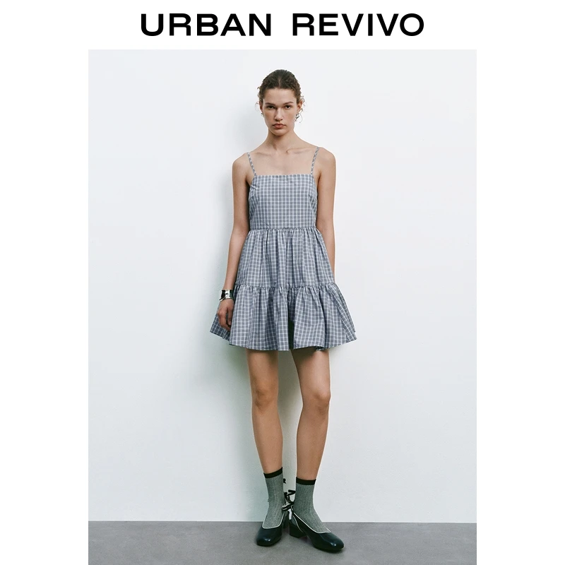UR2025夏季新款女时尚休闲撞色格纹层叠吊带连衣裙UYY750071