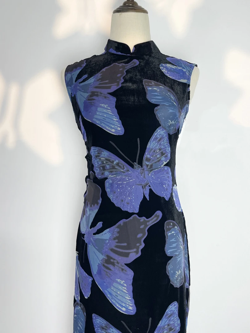 锦笙 |蓝蝶123cm新中式改良无袖拉链款单层修身气质港风日常旗袍