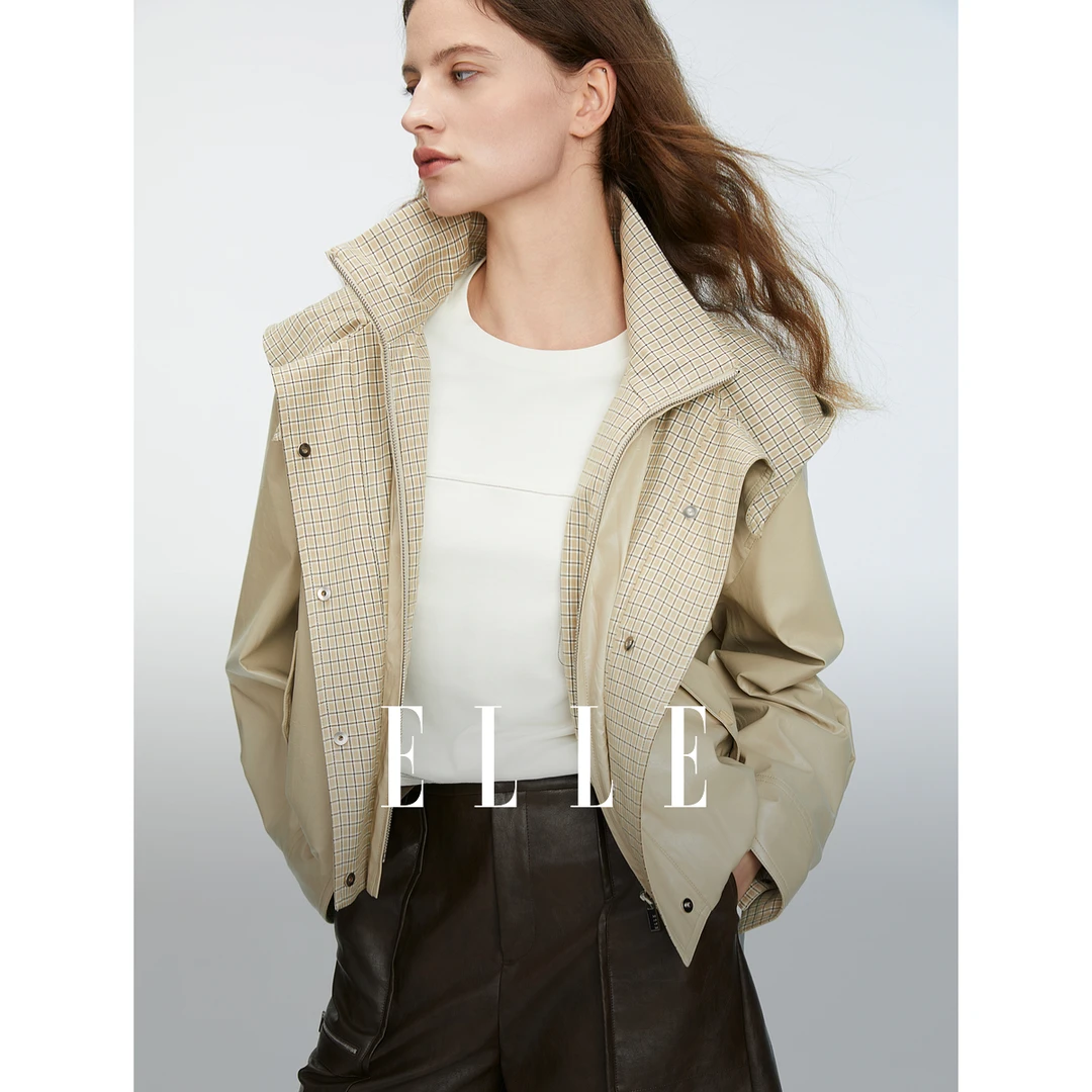 ELLE卡其色拼接工装风连帽皮衣外套女2025春季新款PU夹克EF50817
