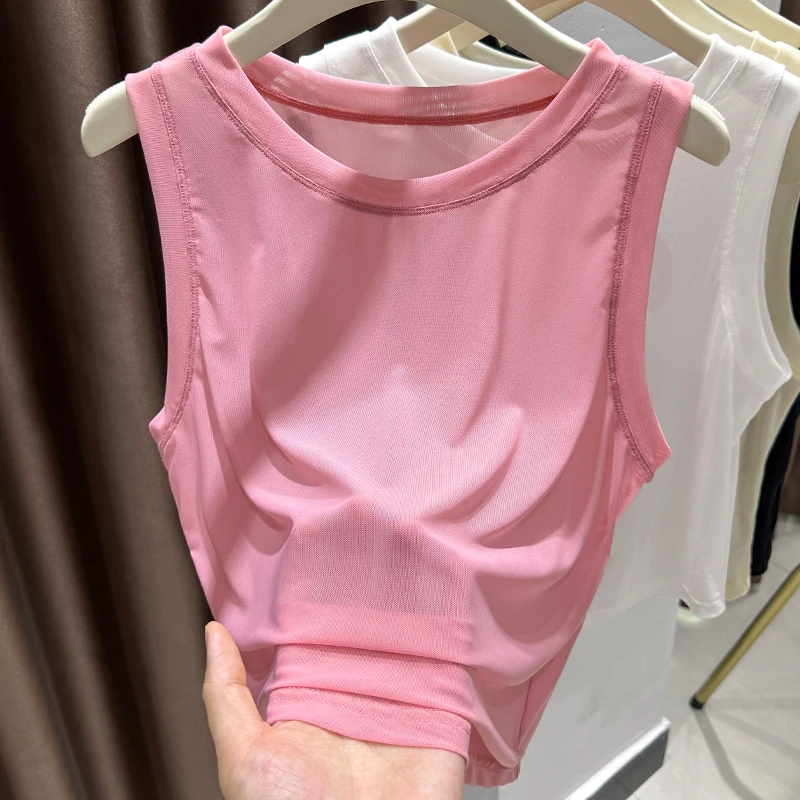 粉色软糯无袖吊带背心女夏季薄款冰丝透明网纱上衣圆领宽松打底衫