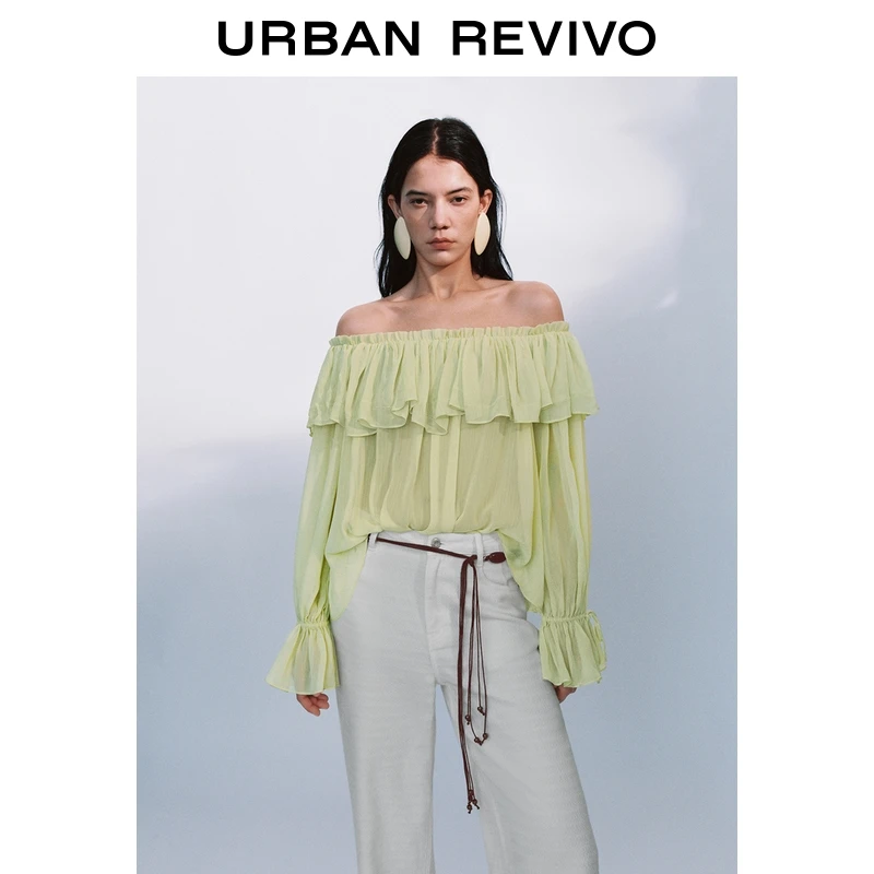 UR2026春季新款女装气质荷叶边一字领长袖罩衫衬衫UWH250142