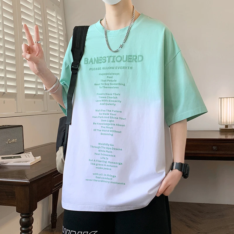 夏季薄款渐变男士短袖T恤青少年学院风潮流百搭宽松学生半袖t恤衫