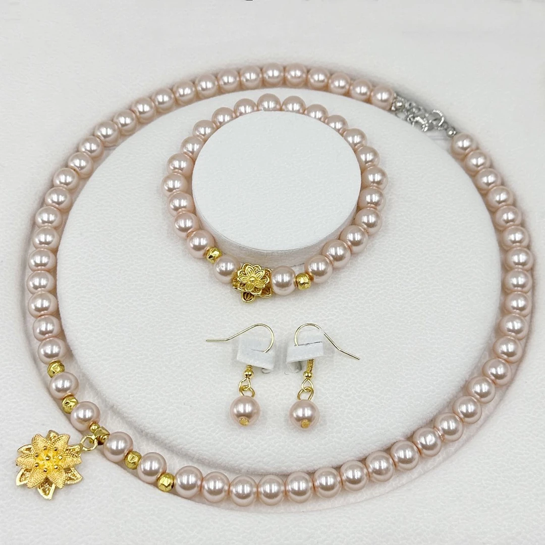 合金仿珍珠吊坠 香槟金高级优雅法式轻奢三件套