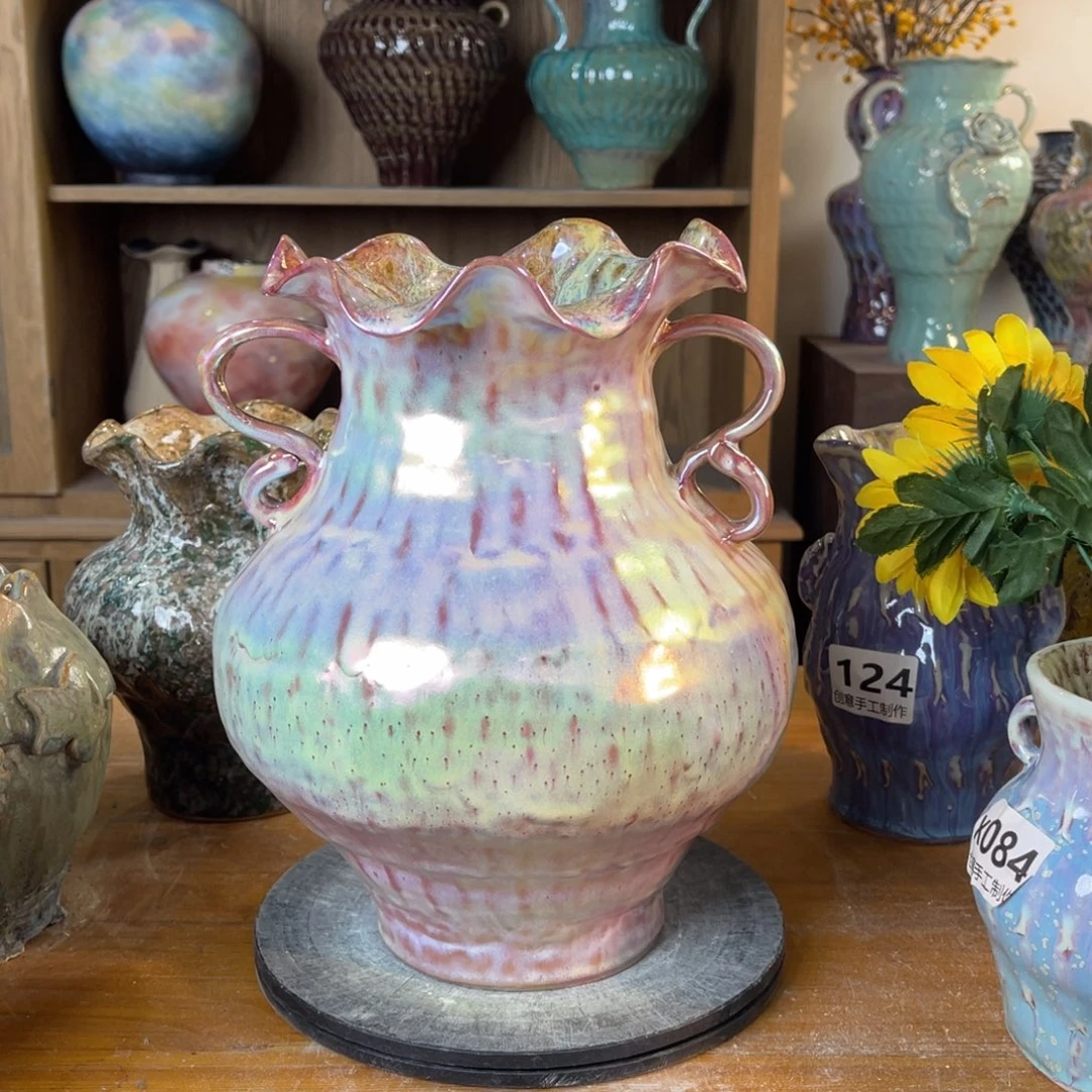 摆件陶瓷花瓶高26.5口径9盘泥微瑕