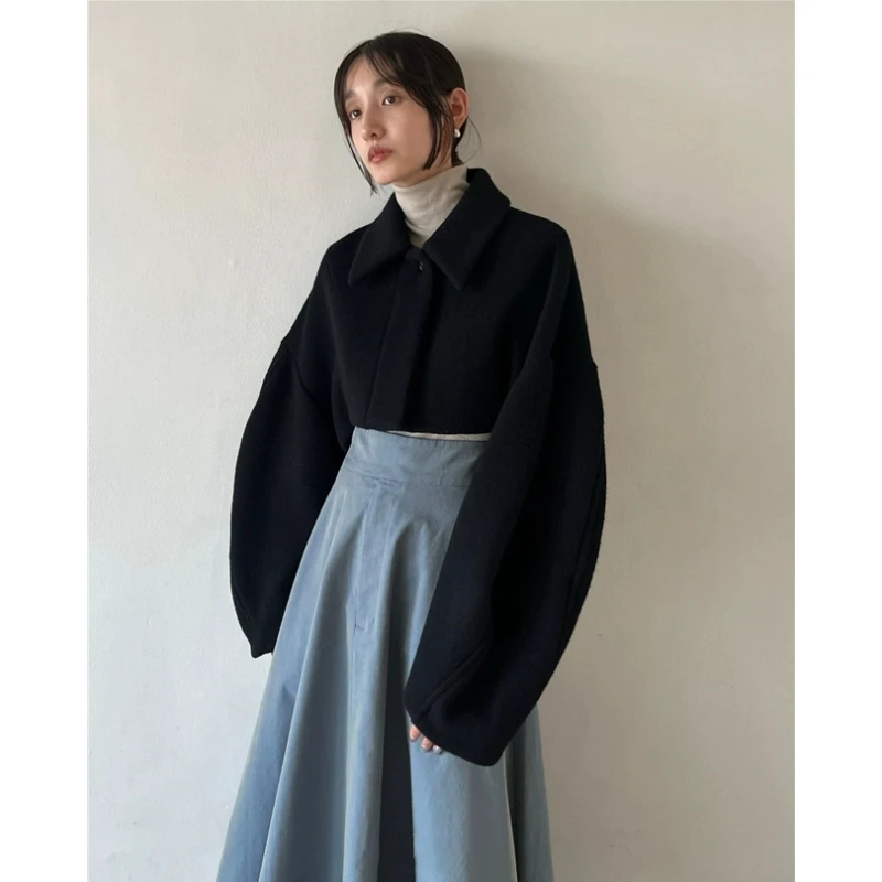 【DD外贸】 秋冬上新 松本 格纹纯色小个子慵懒风短针织衫