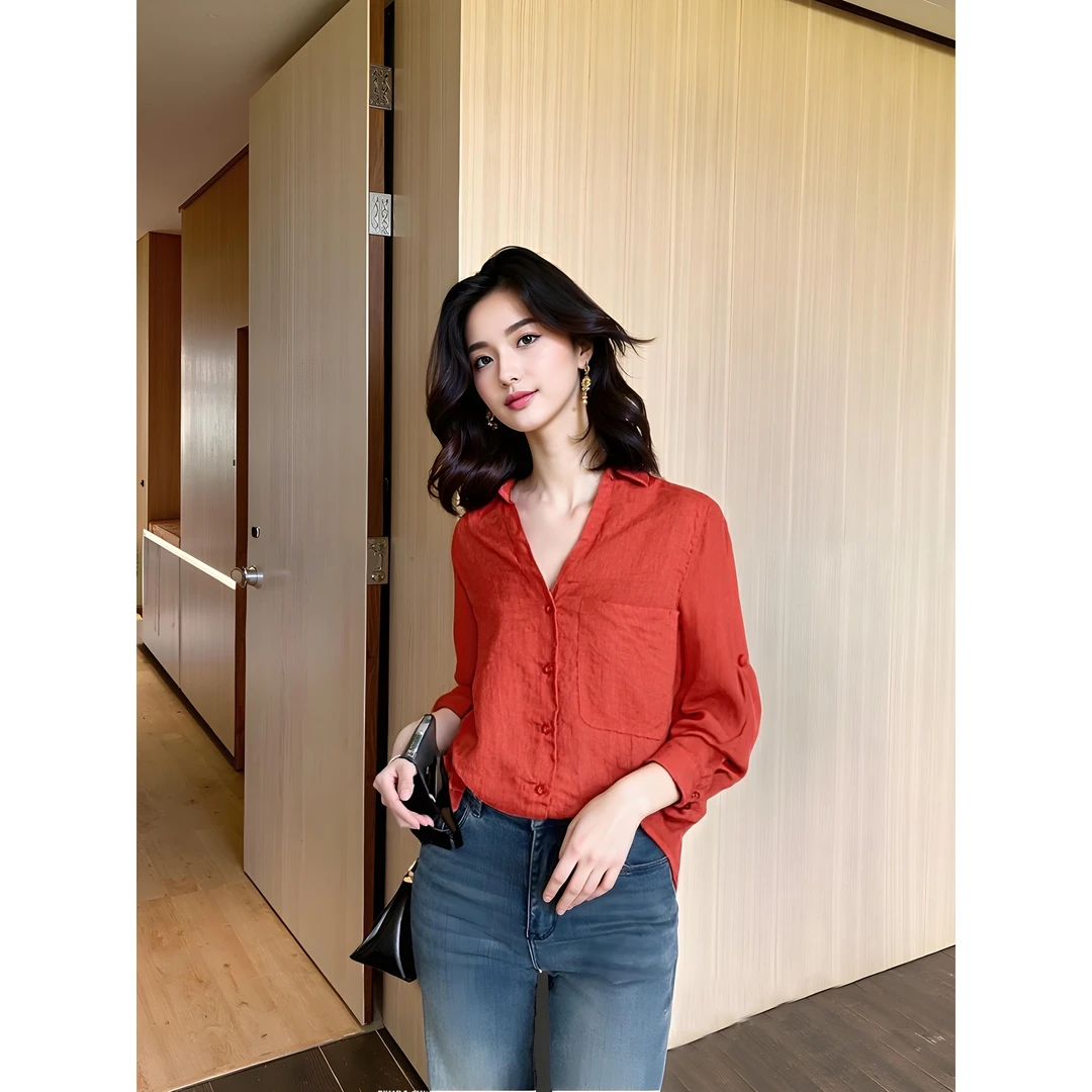 夏季时尚设计感红色衬衫女新款防晒长袖衬衣宽松显瘦通勤开衫上衣