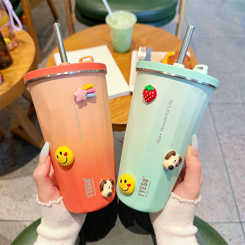 渐变色冰霸杯咖啡保温杯高颜值清新可爱女生吸管水杯男车载保冷杯