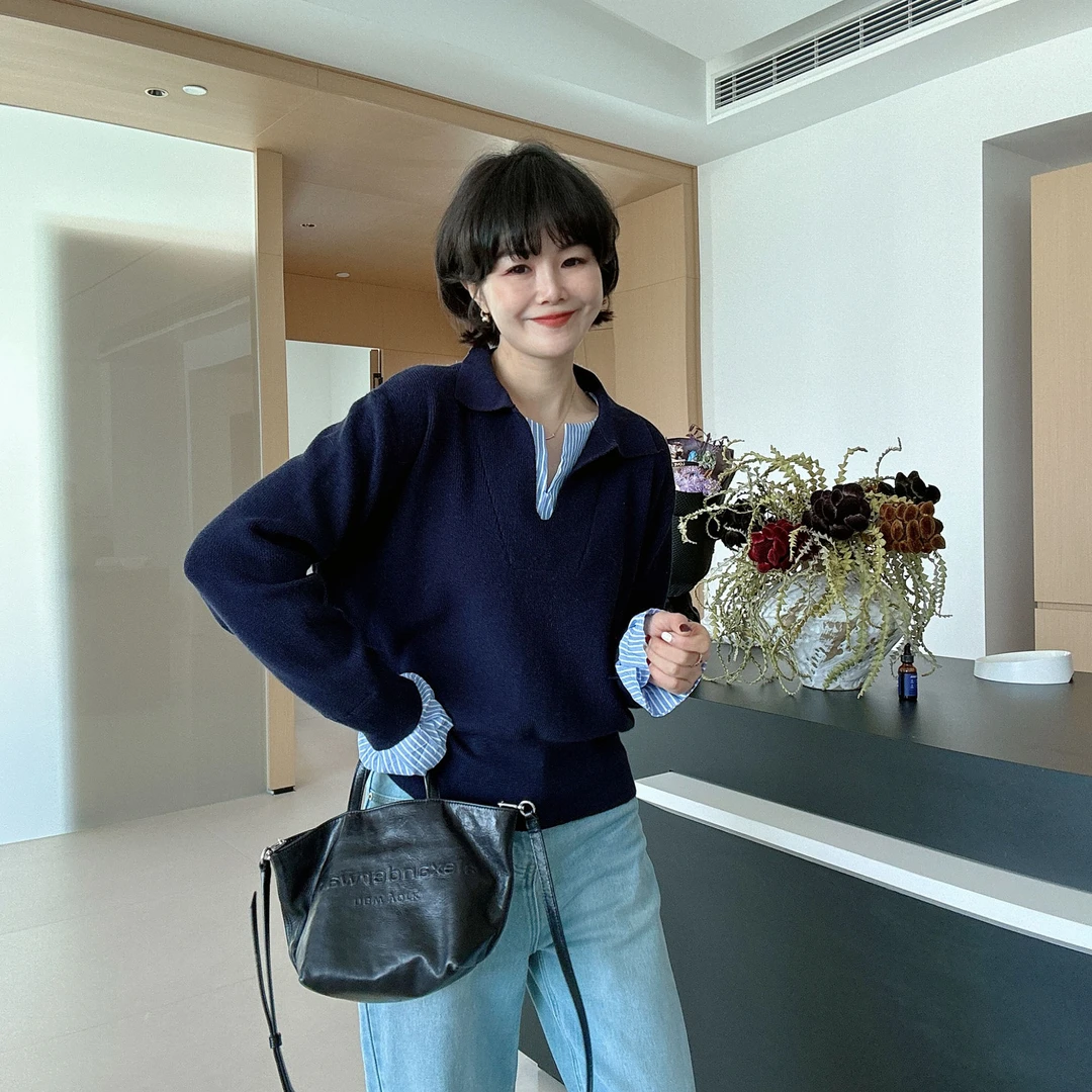 韩系假两件条纹宽松衬衣领宽松套头针织衫毛衣