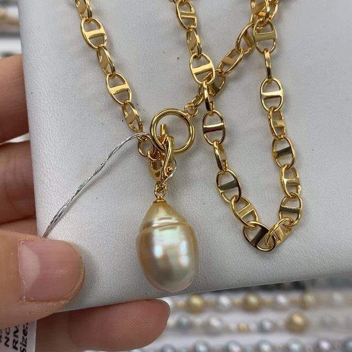 银S925镶嵌海水珍珠颈饰金珠12-13m m