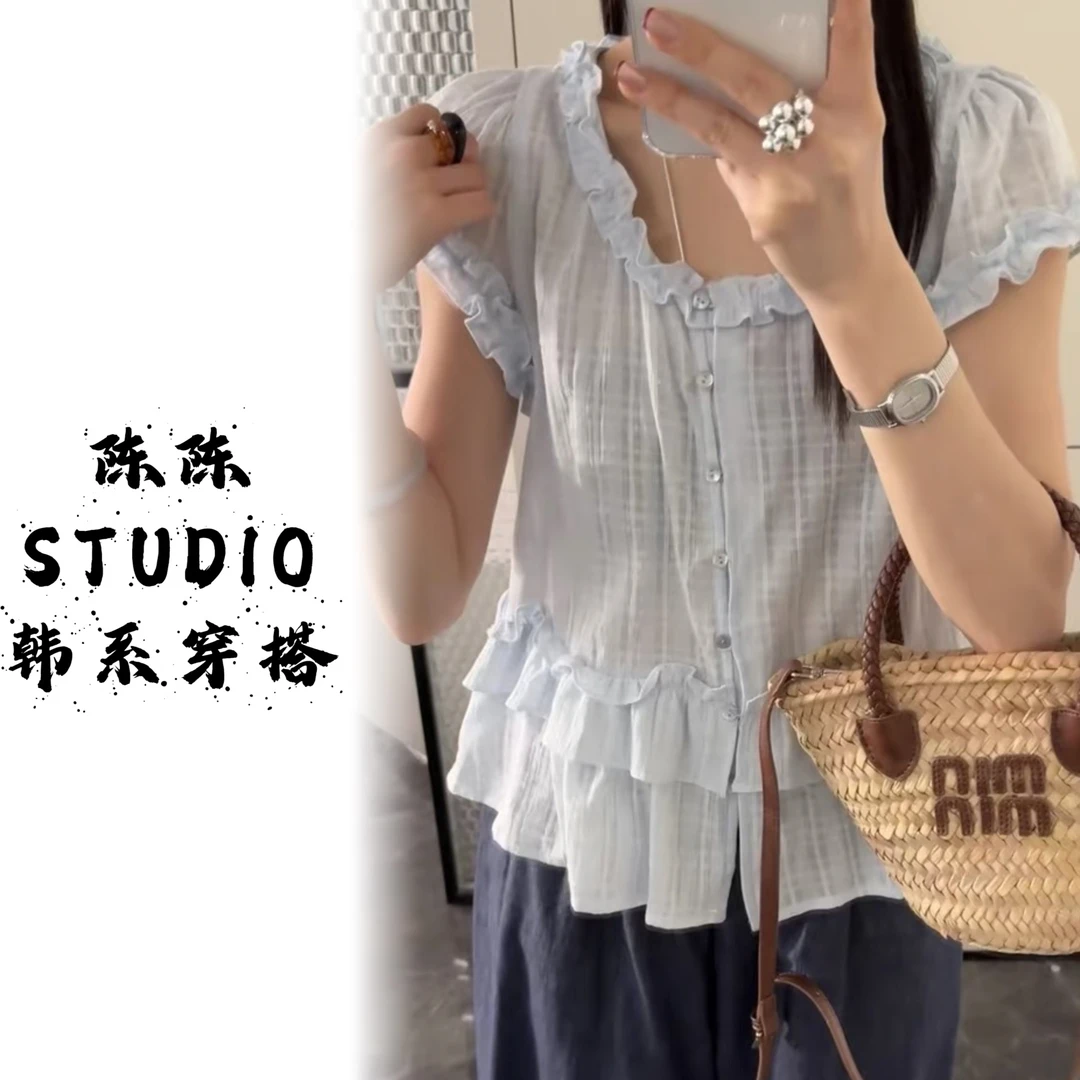 2025新款别致木耳拼接下摆蛋糕层泡泡袖微微透小衫苎麻少女衬衫潮