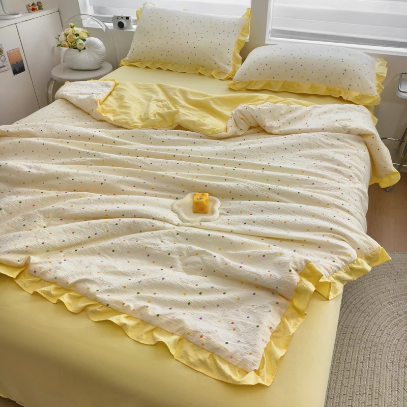 小清新云感双层纱花边夏凉被四件套 夏季空调被可机洗夏被四件套