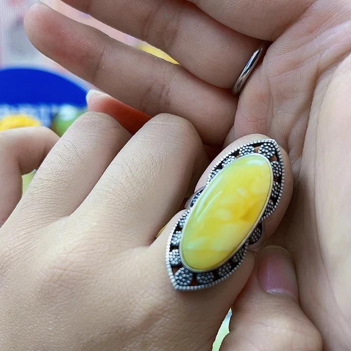 蜜蜡银S925镶嵌裸石戒指