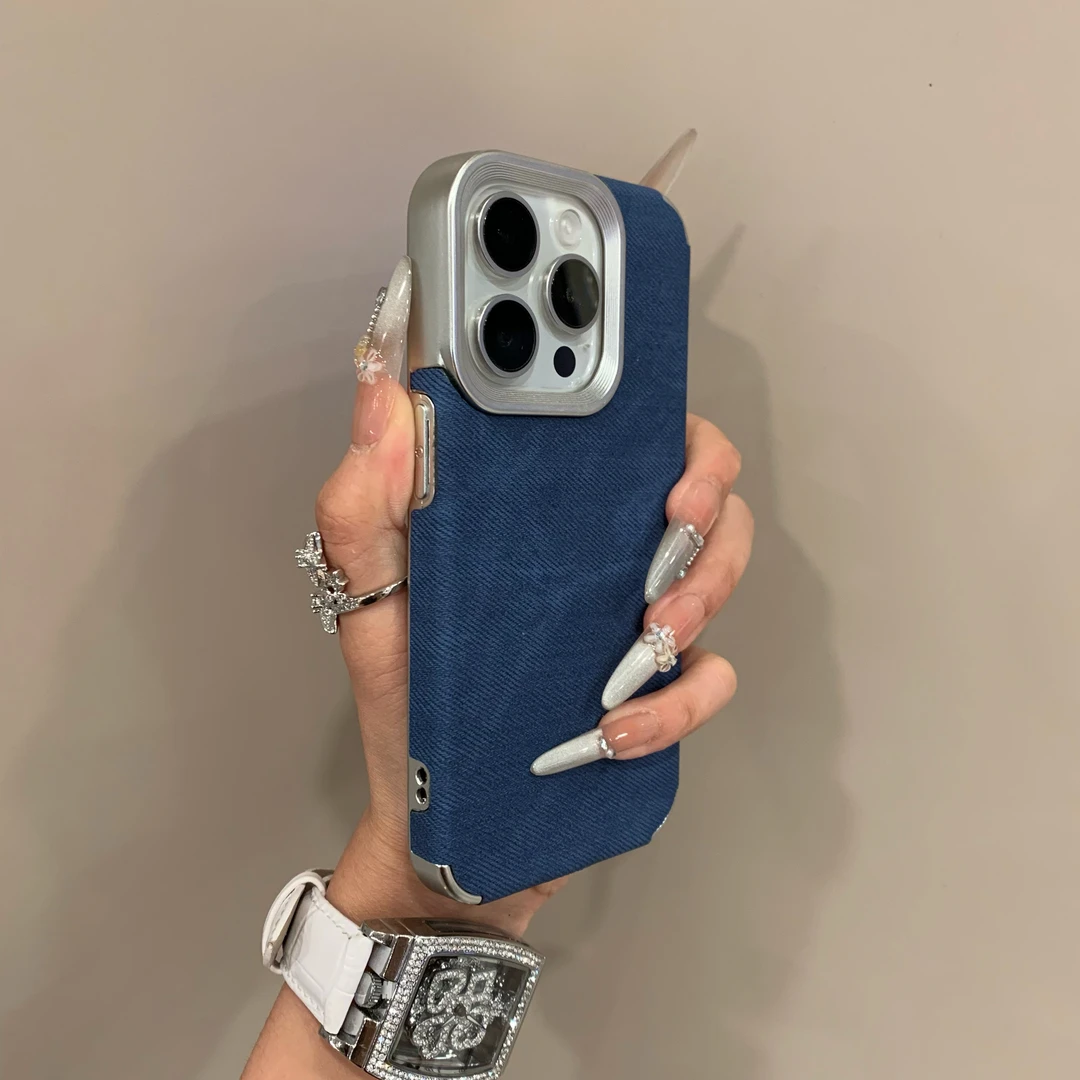 新款电镀牛仔纹适用苹果16手机壳iPhone15promax全包14防摔1312