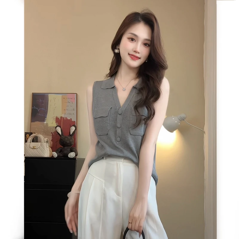 老钱风夏季新款Polo衫气质V领休闲百搭纯色针织无袖外穿显瘦时尚