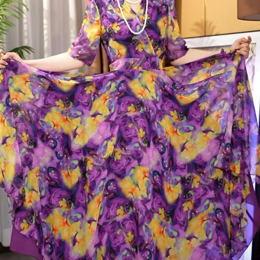 香衣丽华28D-365夏季新款黄紫花大摆过膝连衣裙修身显瘦气质优雅