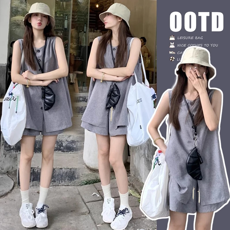 孕妇夏装套装2025新款宽松显瘦小个子潮妈无袖上衣阔腿短裤两件套