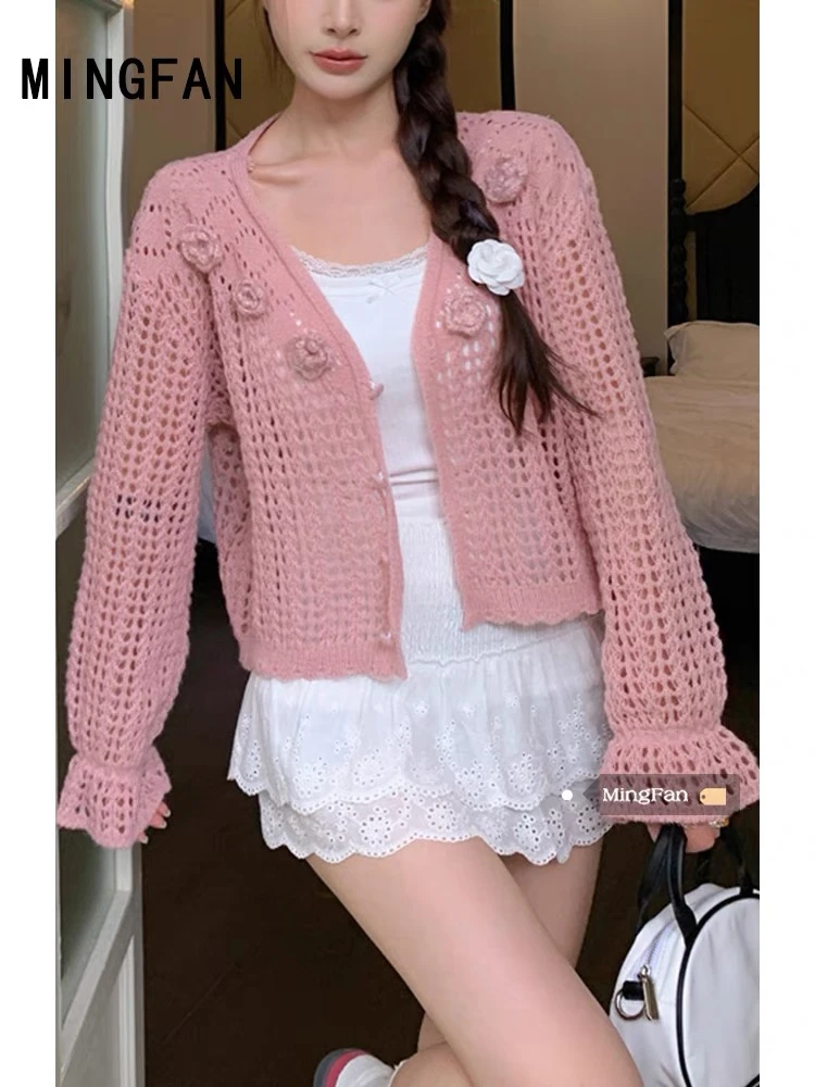2025年春季新款女装温柔风镂空针织花朵开衫软糯粉色外搭小外套潮