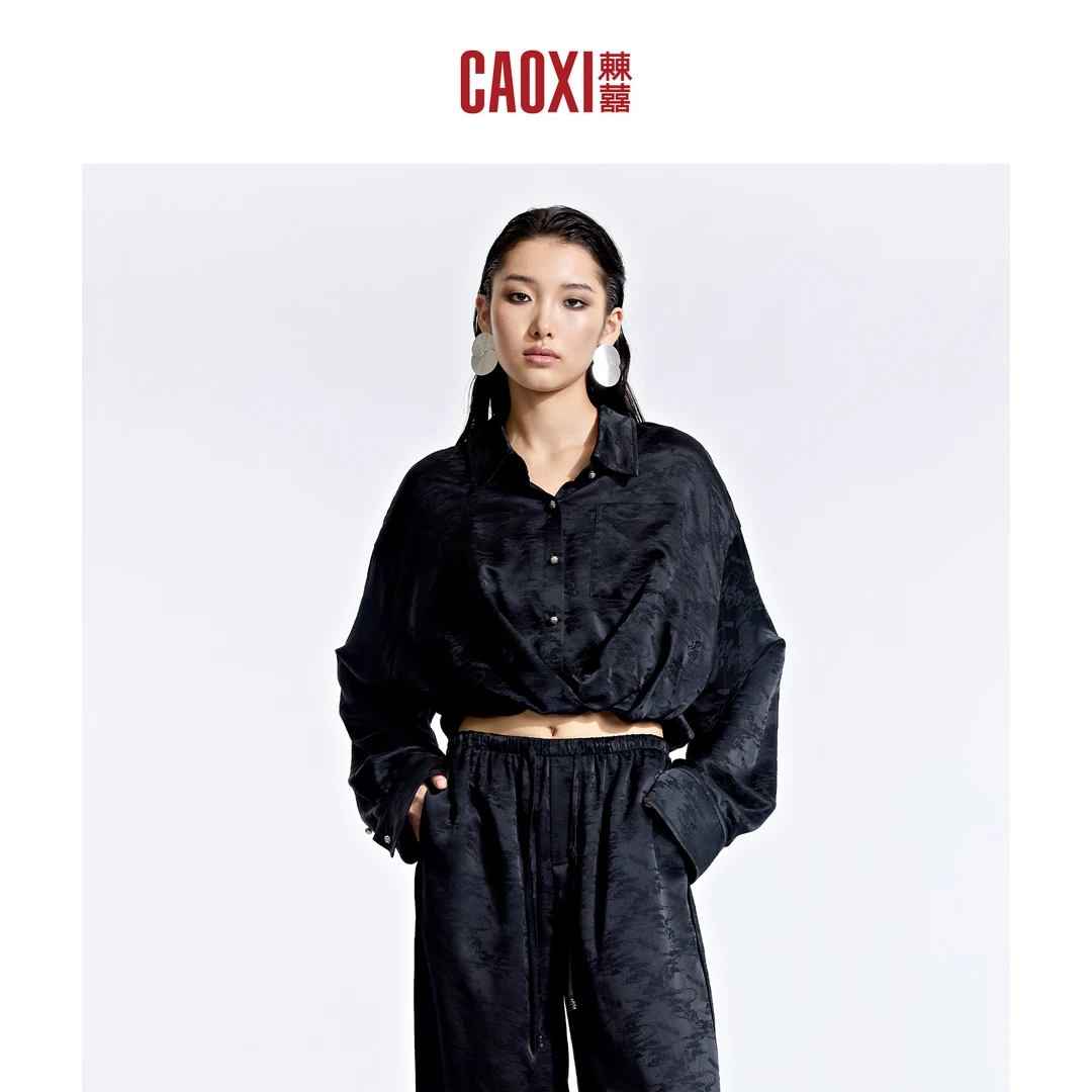 CAOXI㯥囍 黑色提花100%桑蚕丝外套2025春新款休闲夹克上衣