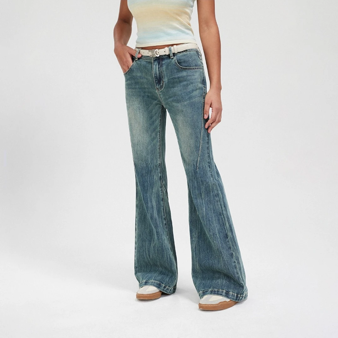 A01(ST)-K2927-BON春秋款时尚做旧低腰微喇宽松女士牛仔裤