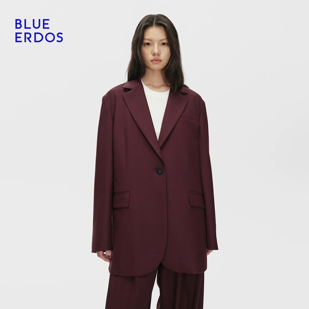 BLUE ERDOS 25早秋新品复古摩登酒红色单粒扣女西服外套B256J1008
