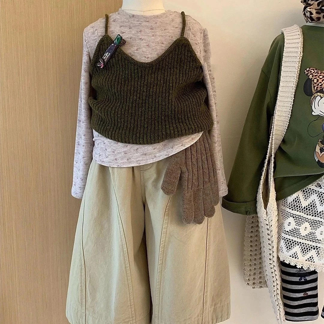 韩国童装女童纯色叠穿针织吊带2025秋季新款休闲百搭阔腿裤三件套