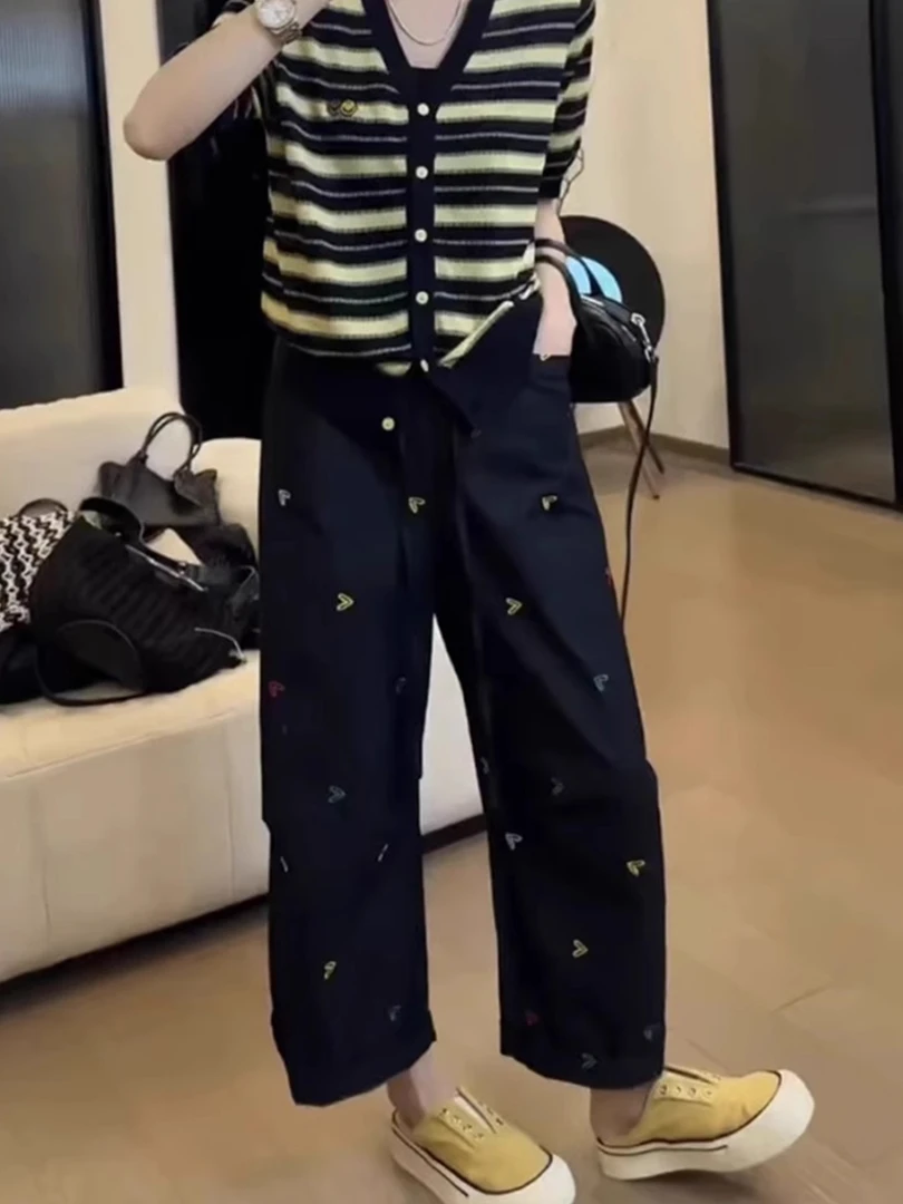 爱心刺绣松紧腰休闲裤女夏季薄款大码宽松显瘦抽绳九分阔腿直筒裤