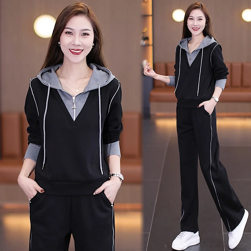 时尚休闲套装女2025秋季新款洋气显瘦假两件长袖阔腿裤运动两件套