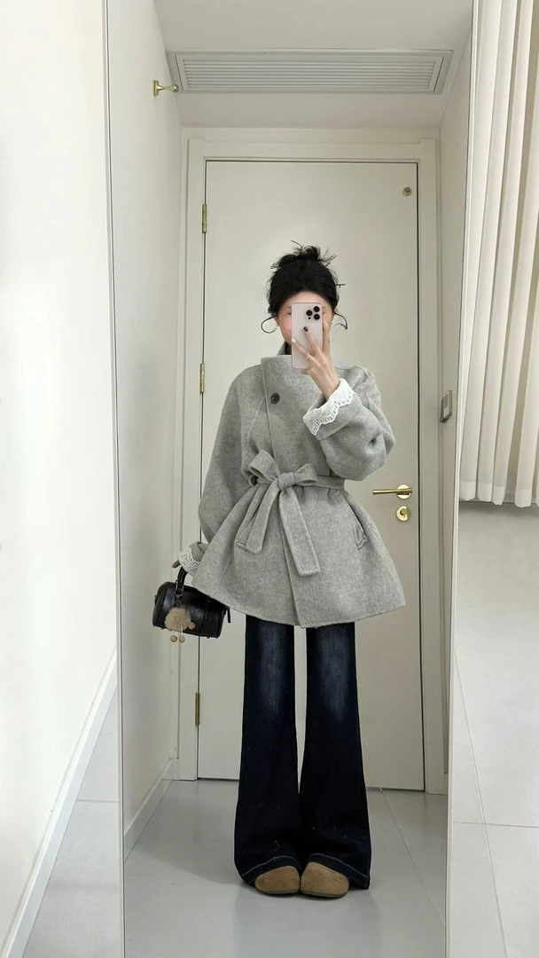 2025秋冬新款大方得体一整套高级感灰色立领毛呢大衣牛仔裤两件套