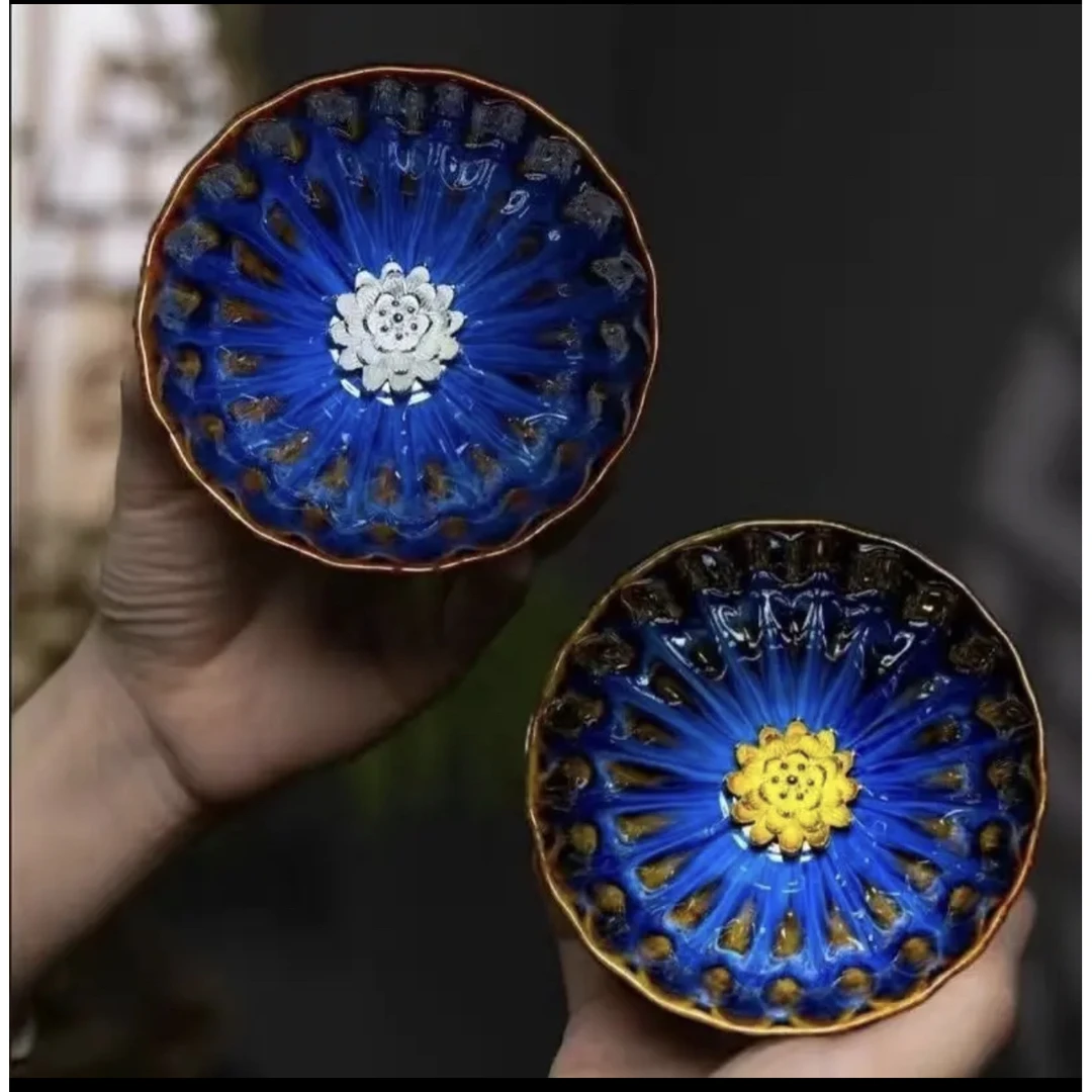 对杯金银莲花水波纹 两只装 高端茶器全手工精美 莲花 中式