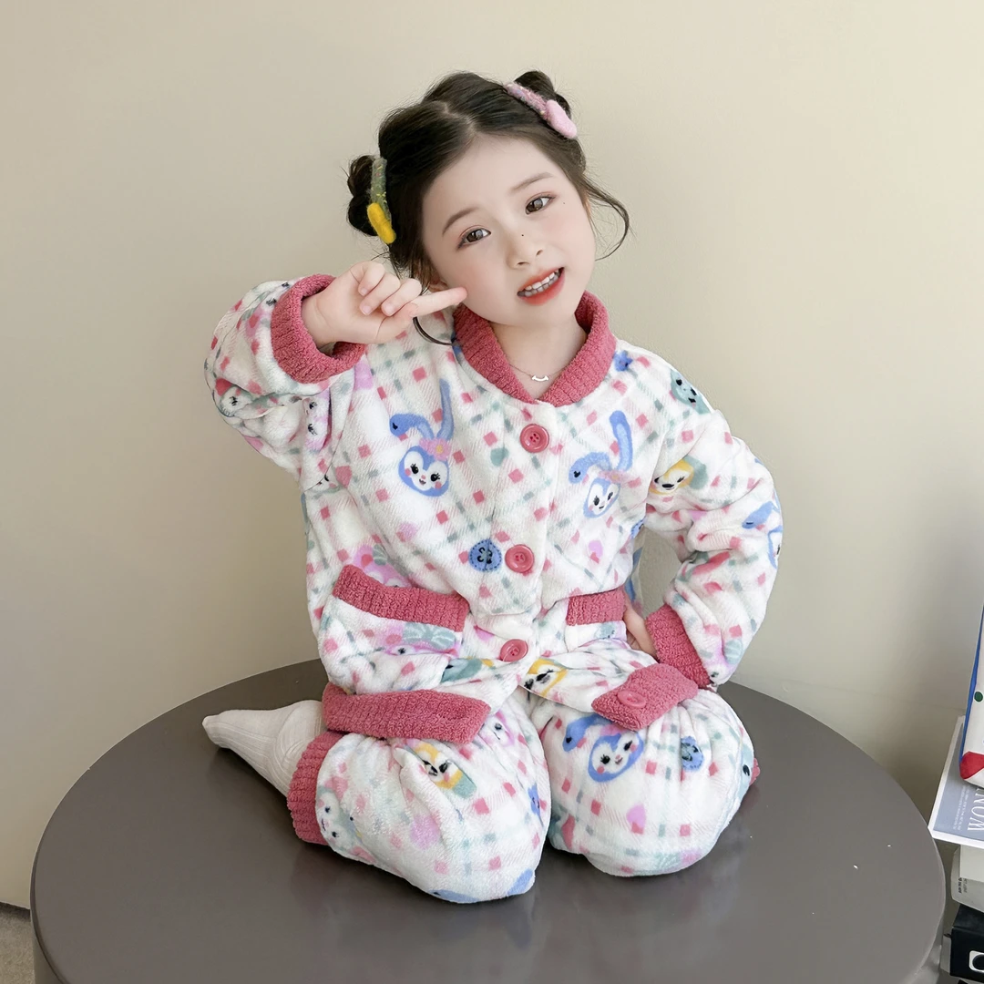 儿童睡衣法兰绒秋冬款加厚女孩宝宝珊瑚绒开衫套装女童卡通家居服