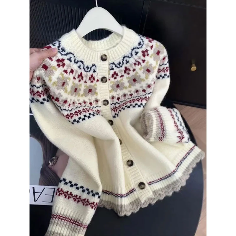 韩系费尔岛毛衣时尚设计感百搭加厚针织上衣秋冬质感开衫针织衫
