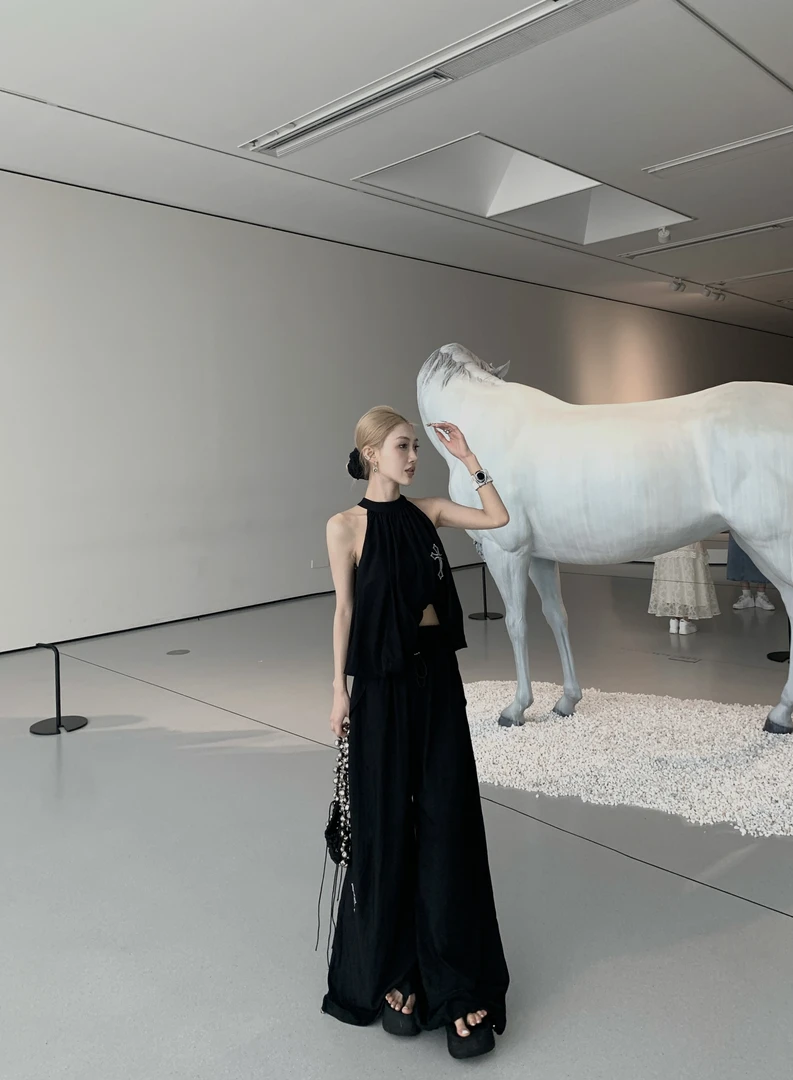 【现货】拽姐风围脖露肩蓬松上衣＋阔腿裤两件套 6168