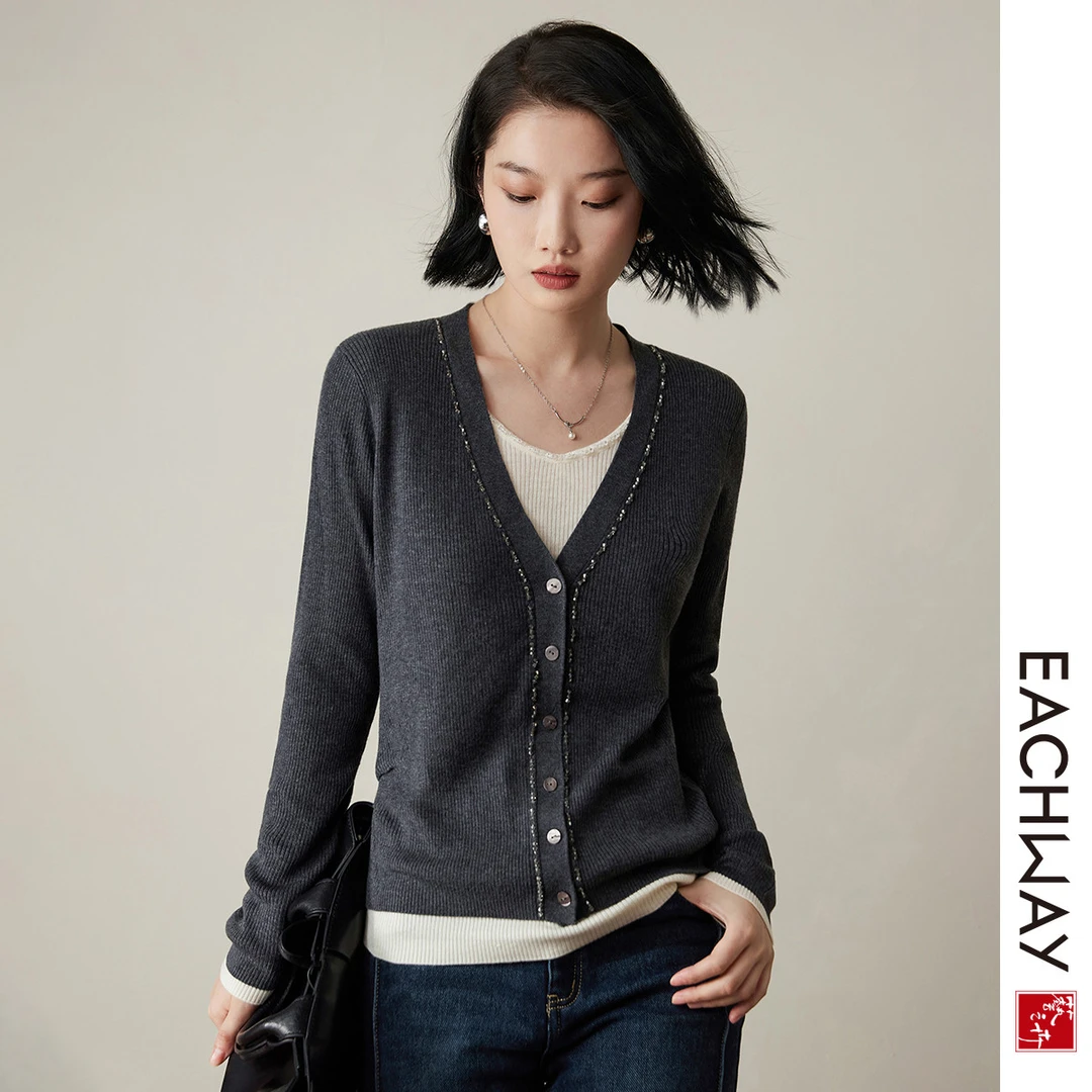 【假两件设计】门襟精致细碎钉珠针织衫2024秋冬含羊毛上衣女