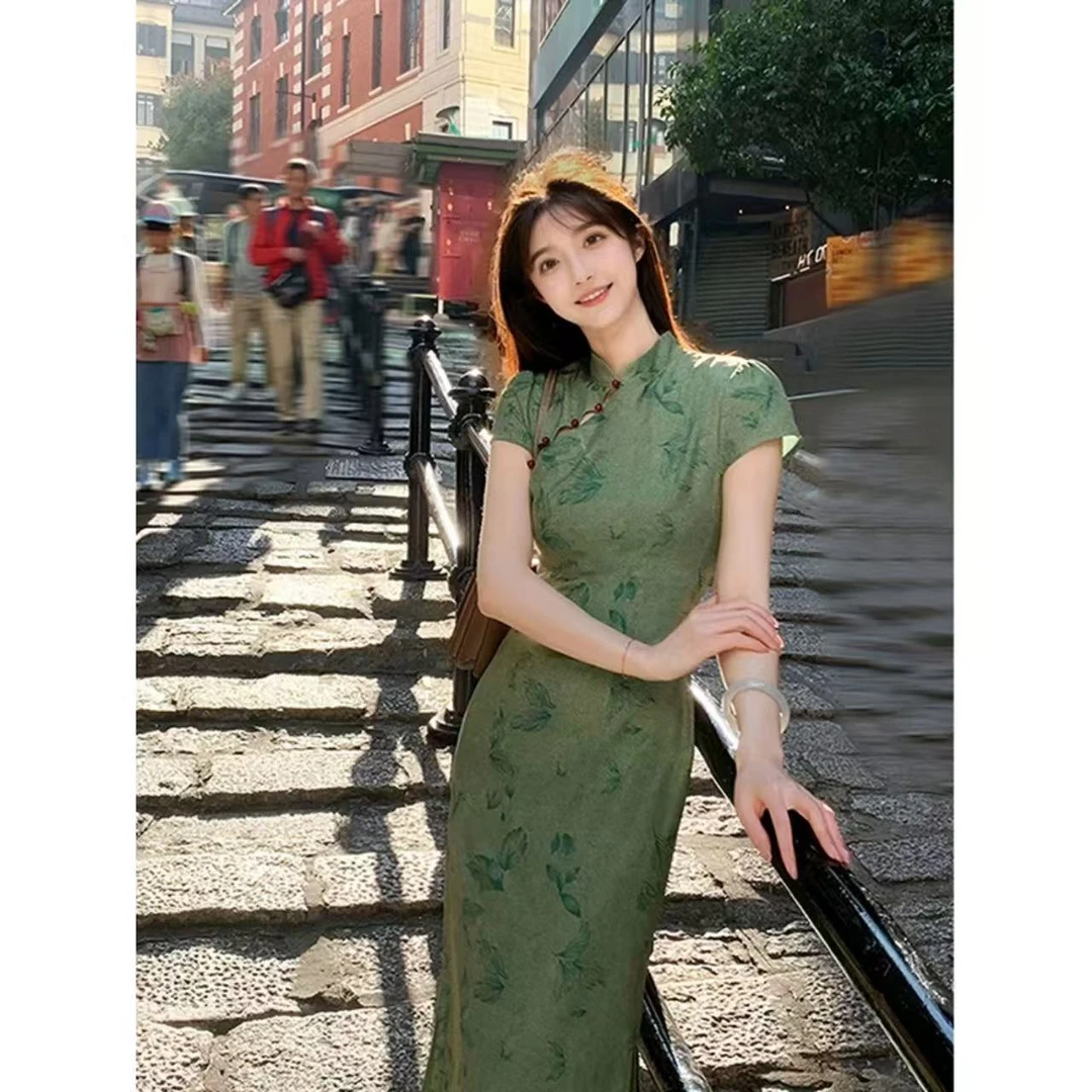 【C28】2025春夏复古碎花改良年轻款旗袍女绿色显瘦连衣裙