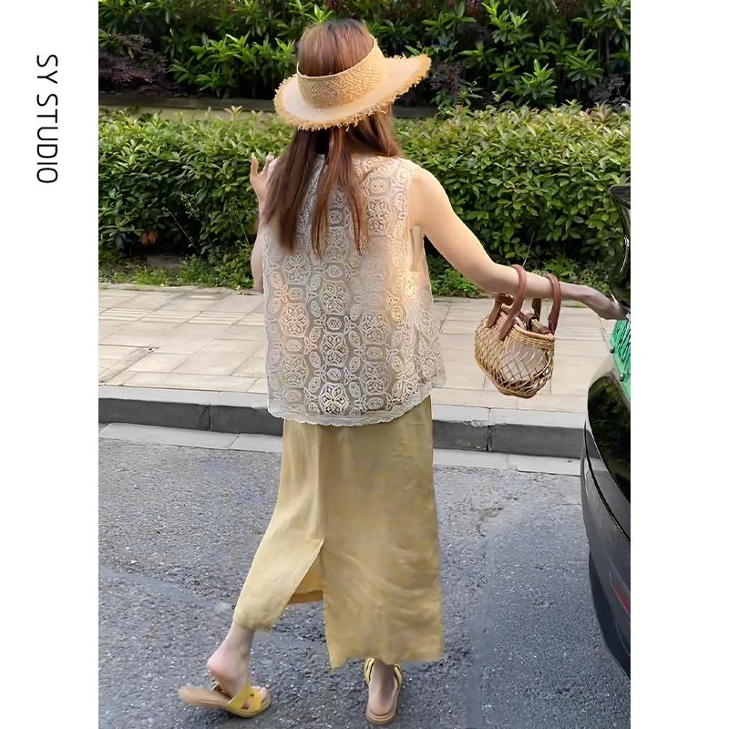 VOCKOO官方独特绝美夏天小套装气质勾花无袖蕾丝背心女小众设计半