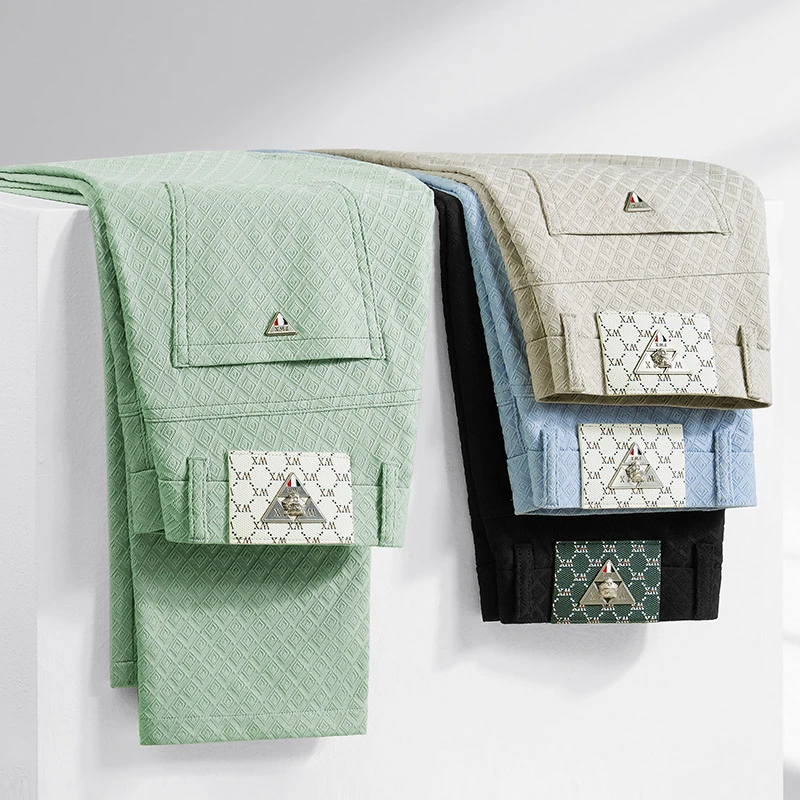 新款夏季男士提花休闲裤男直筒修身弹力薄款长裤格子冰丝凉感裤子