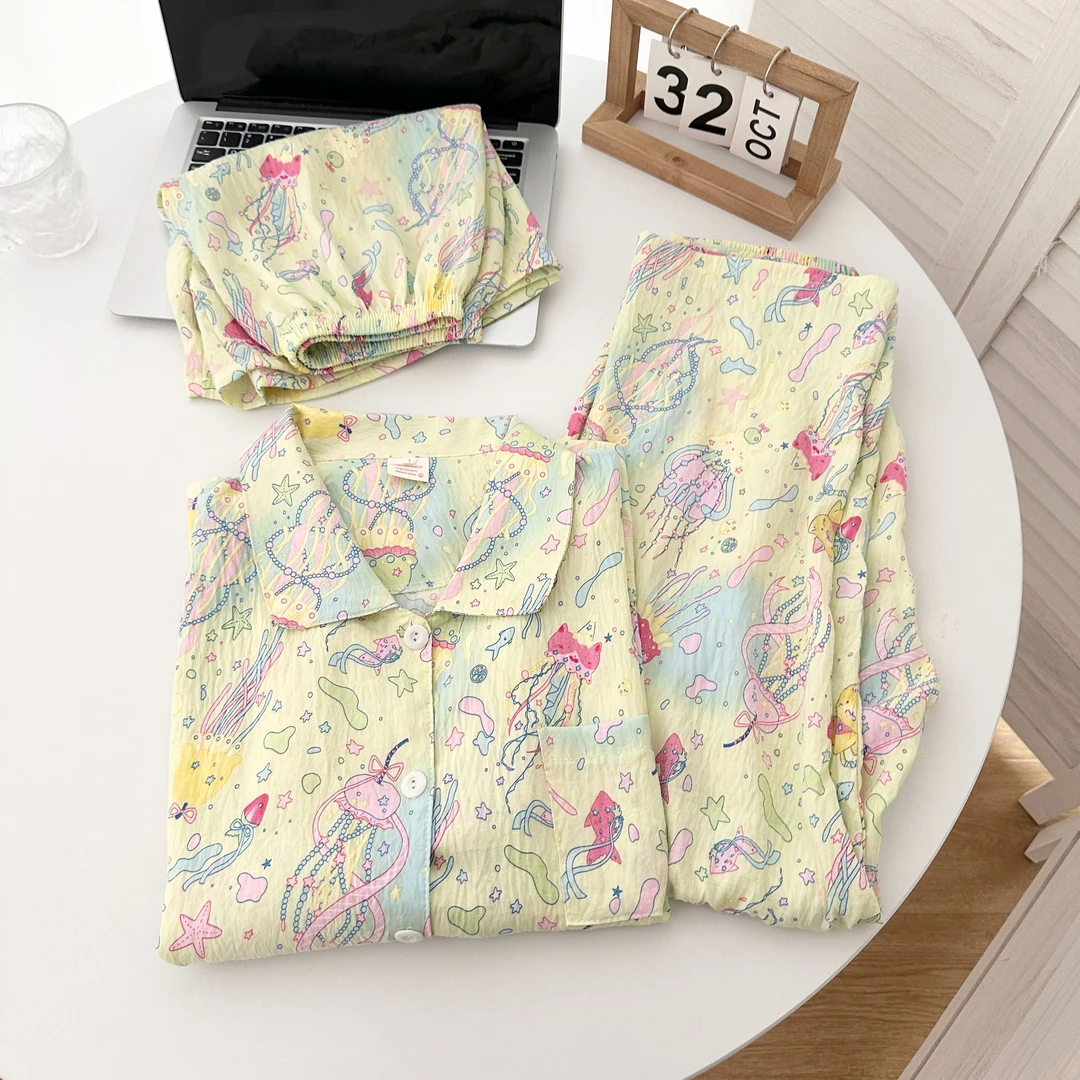 新款彩色水母睡衣女夏季网红少女短袖短裤长裤高级感家居服套装