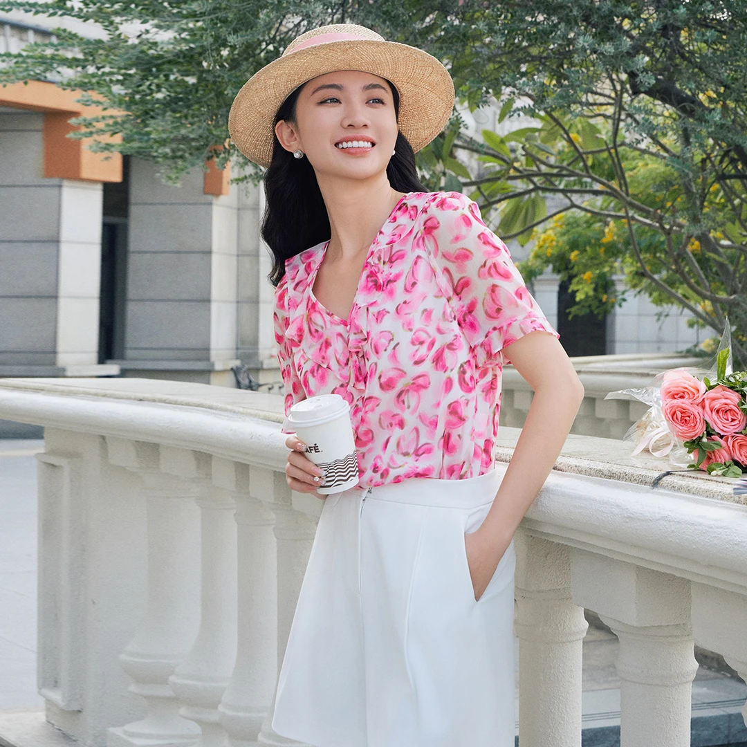 【安雅专属】歌蒂诗夏季专柜新款减龄木耳边V领短袖小衫1E25S1044