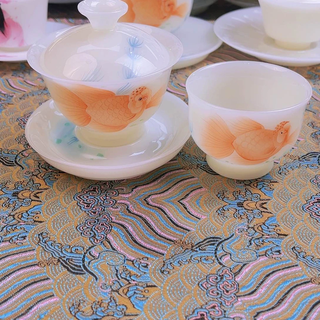 盖碗瓷高档皙白玉瓷纯手绘年年有鱼盖碗加主人杯