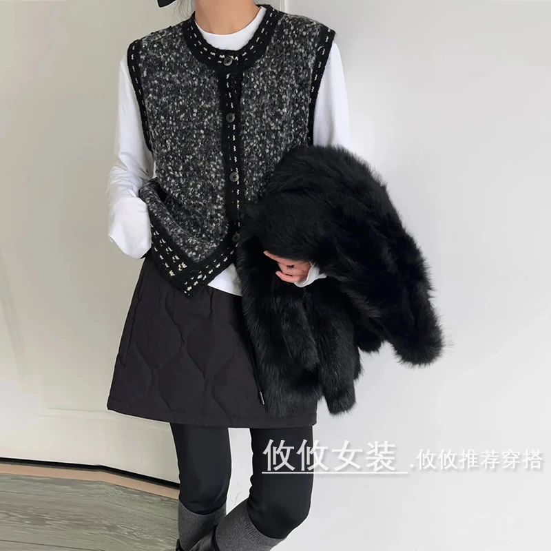 100羊毛针织马甲背心黑色复古提花秋冬季女装短款高级感设计坎肩